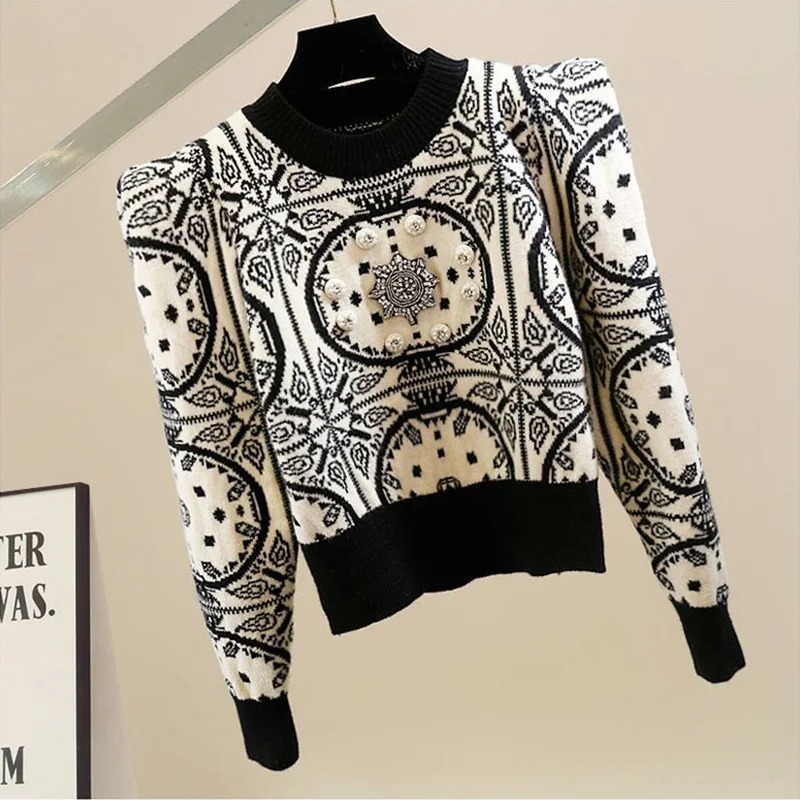 Geometrische Gestrickte Weiche Diamanten Perlen Vintage Oansatz frauen Pullover Koreanische Mode Jumper Weiblichen Kurzen Pullover Chic Tops