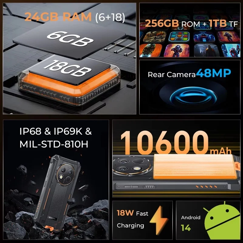 Oukitel G1 smartphone robusto Android 6,52 ''10600mAh 24GB + 256GB telefone robusto Android14 48MP HD + câmera celular