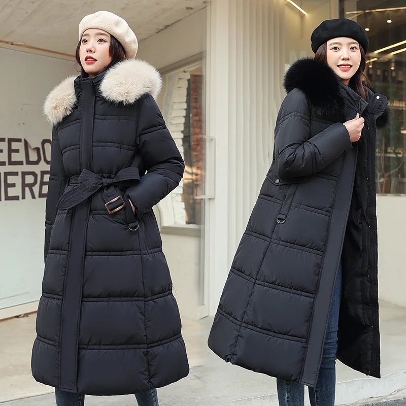 Chaqueta larga Parker para mujer, abrigos gruesos y cálidos, abrigo coreano blanco y negro con capucha de tendencia de bloque tejido, Parkas 2022