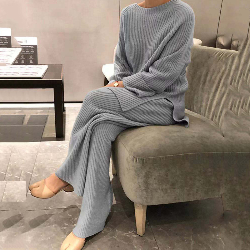 Conjuntos de salón de punto para mujer, suéter para el hogar, calle, básico diario, puro, Simple, suave, deportivo, pantalón, Otoño Invierno, cuello redondo, manga larga