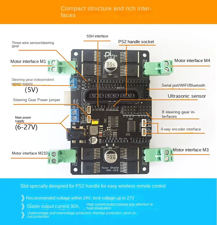 6–24 V Schild-Erweiterungsplatine mit 4-Kanal-Motoren und 8-Kanal-Servos 30 A Big Power für Arduino DIY Kit PS2 Joystick RC Car