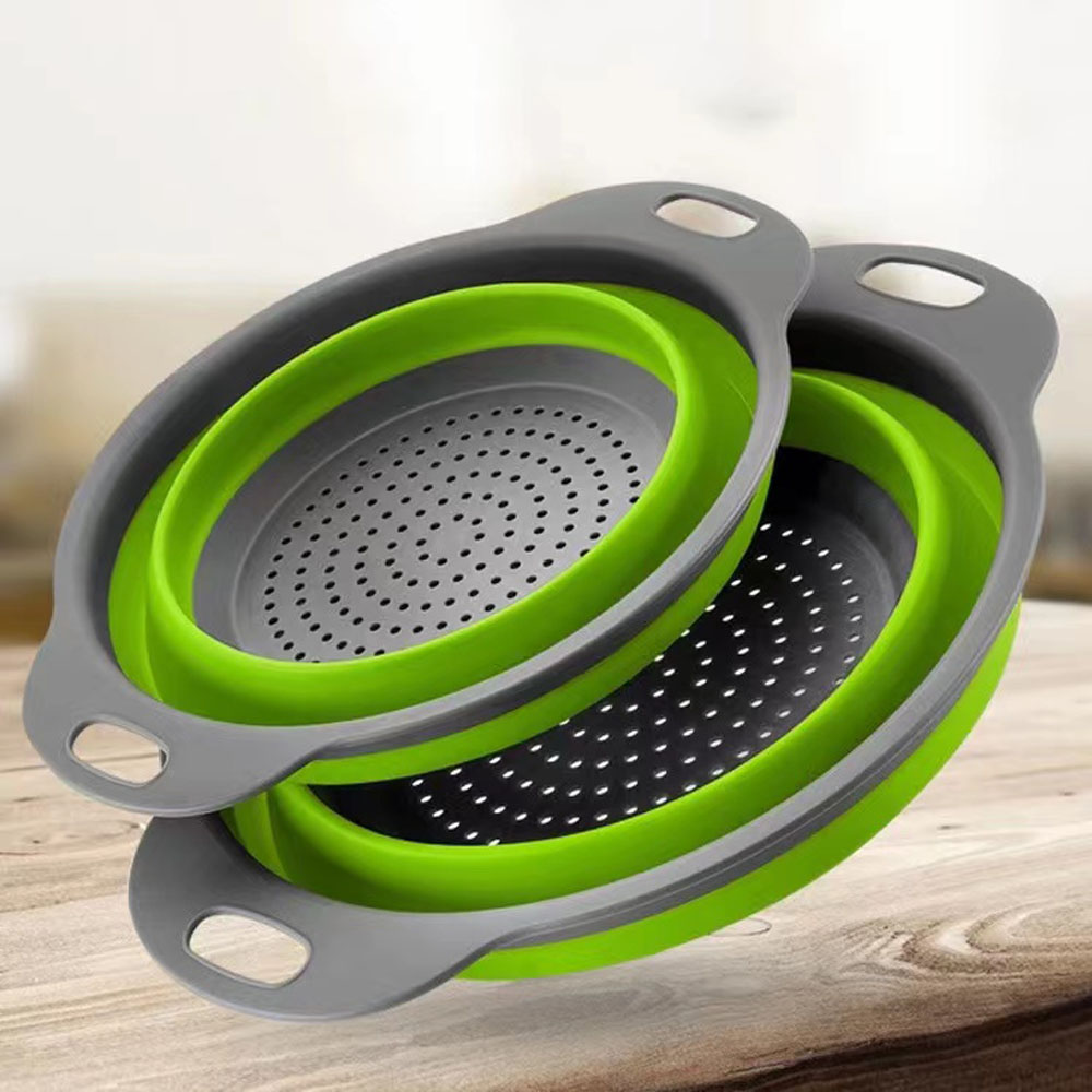 Colador plegable de silicona para lavado de frutas y verduras, cesta de drenaje, escurridor redondo, cuenco, mango plegable para colador de alimentos