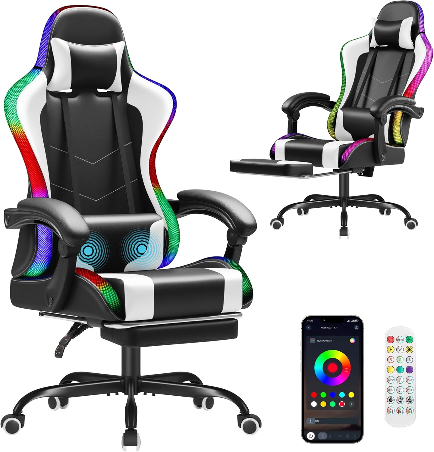 Gaming Chair, Video Game Chair with Footrest and Massage Lumbar Support, Ergonomic Computer Chair Height Adjustable