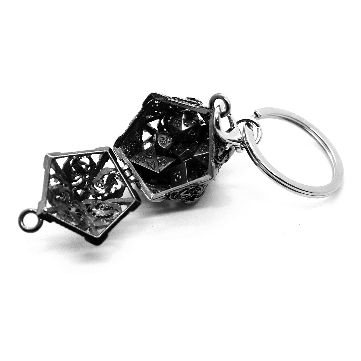 D20 Hohlbox aus Metall + 7-teiliges Würfelset aus Metall, tragbares Brettspielwürfel-Mini-Set
