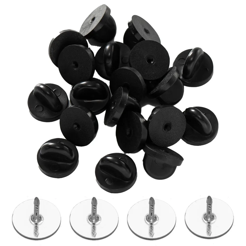 50 Uds. Pasadores de goma de PVC negro mariposa embrague Tie Tack soporte de solapa cierre Pin tapa guardianes para reemplazos de insignias uniformes