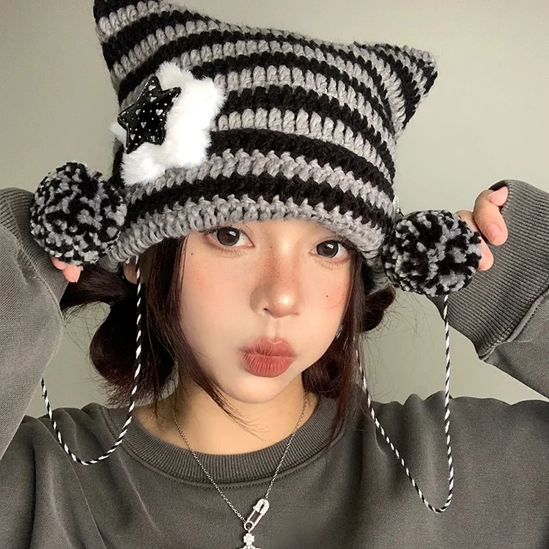 Gorro de punto Y2K con diseño de estrella y diablo para mujer, gorro de lana tejido a rayas, jersey puntiagudo con orejas de gato, Otoño e Invierno
