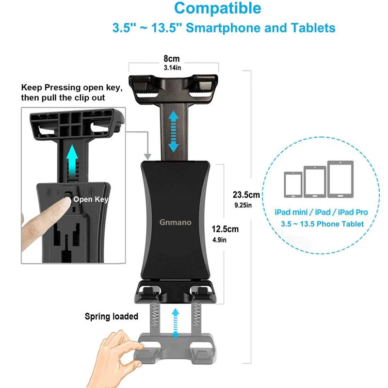 Gnmano Universal 4-13 Inch Tablet Stand Mount Bracket Gym Treadmill Bike Handlebar Clip Sports Adjustable Holder for IPad Pro