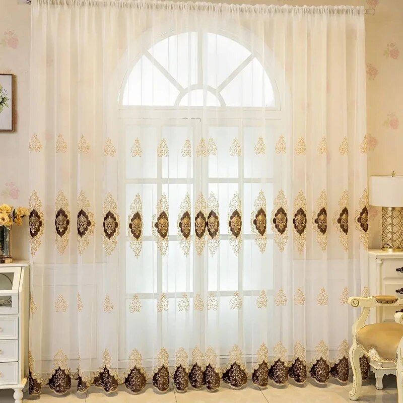 American Luxury Peony Embroidery Tulle Curtain For Living Room European Elegant Flower Sheer Voile Drapes For Bedroom