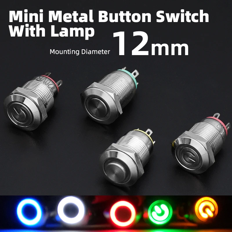 Interruptor de botón de Metal resistente al agua de 12mm, luz LED con bloqueo momentáneo, interruptor de alimentación de PC para motor de coche, símbolo de anillo de 3V, 5V, 12V, 24V, 220V