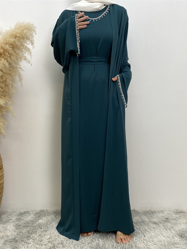 Eid muçulmano abaya feminino 2 peça conjunto com vestido interno diamante quimono cardigan ramadan abayas kaftan dubai longo robe vestidos largo