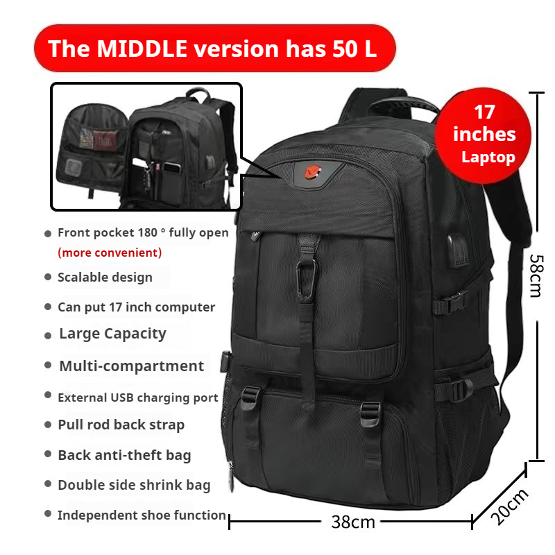 Mochila de negócios masculina mochila de viagem à prova d'água com carregamento USB grande capacidade mochila para laptop de 18 polegadas mochila preta 8107