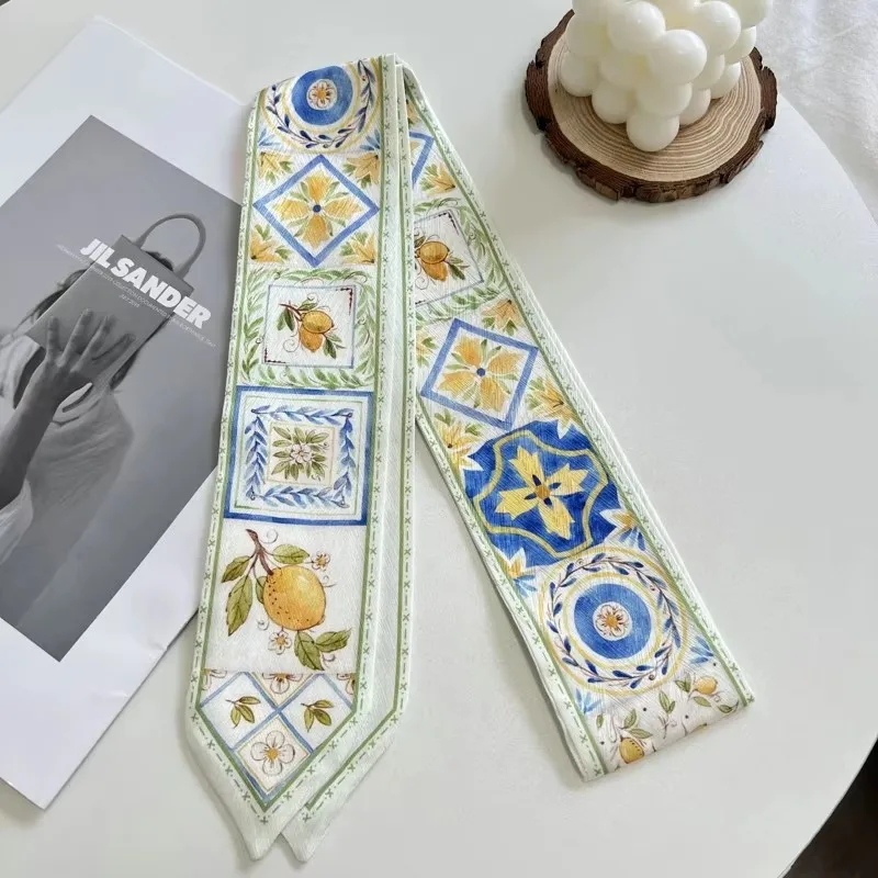 Nowa długa torba Szalik Kobiety Opaska do włosów Akcesoria damskie Nadruk Skinny Szaliki Opaska na głowę Satynowa wstążka Krawat na szyję Dekoracyjne szaliki do toreb