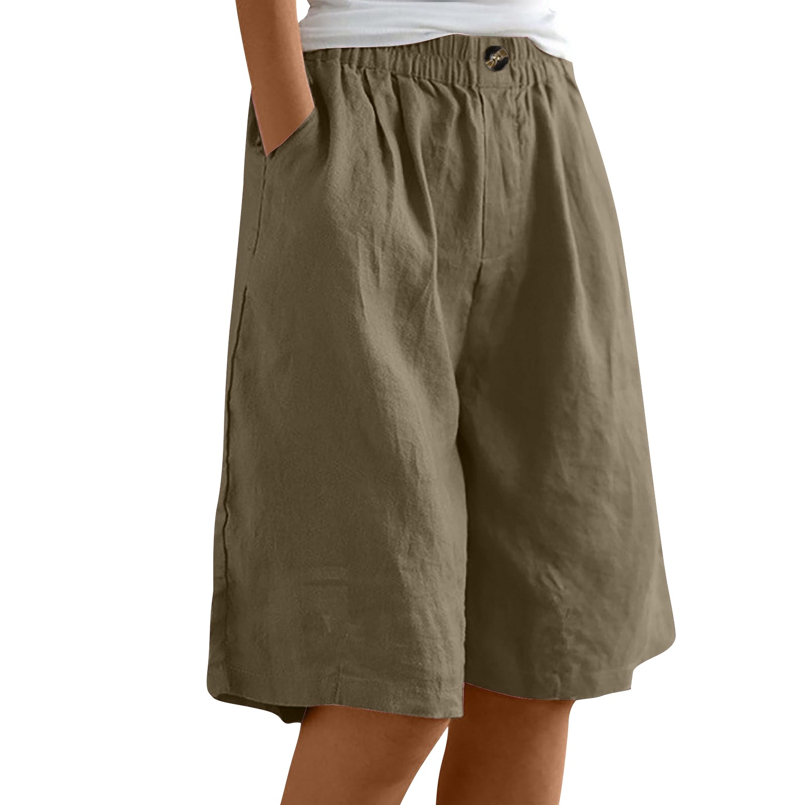 Calções elásticos de cintura alta, monocromáticos, de botões soltos, algodão, linho, cinco comprimentos, calças macias de conforto, moda feminina, verão