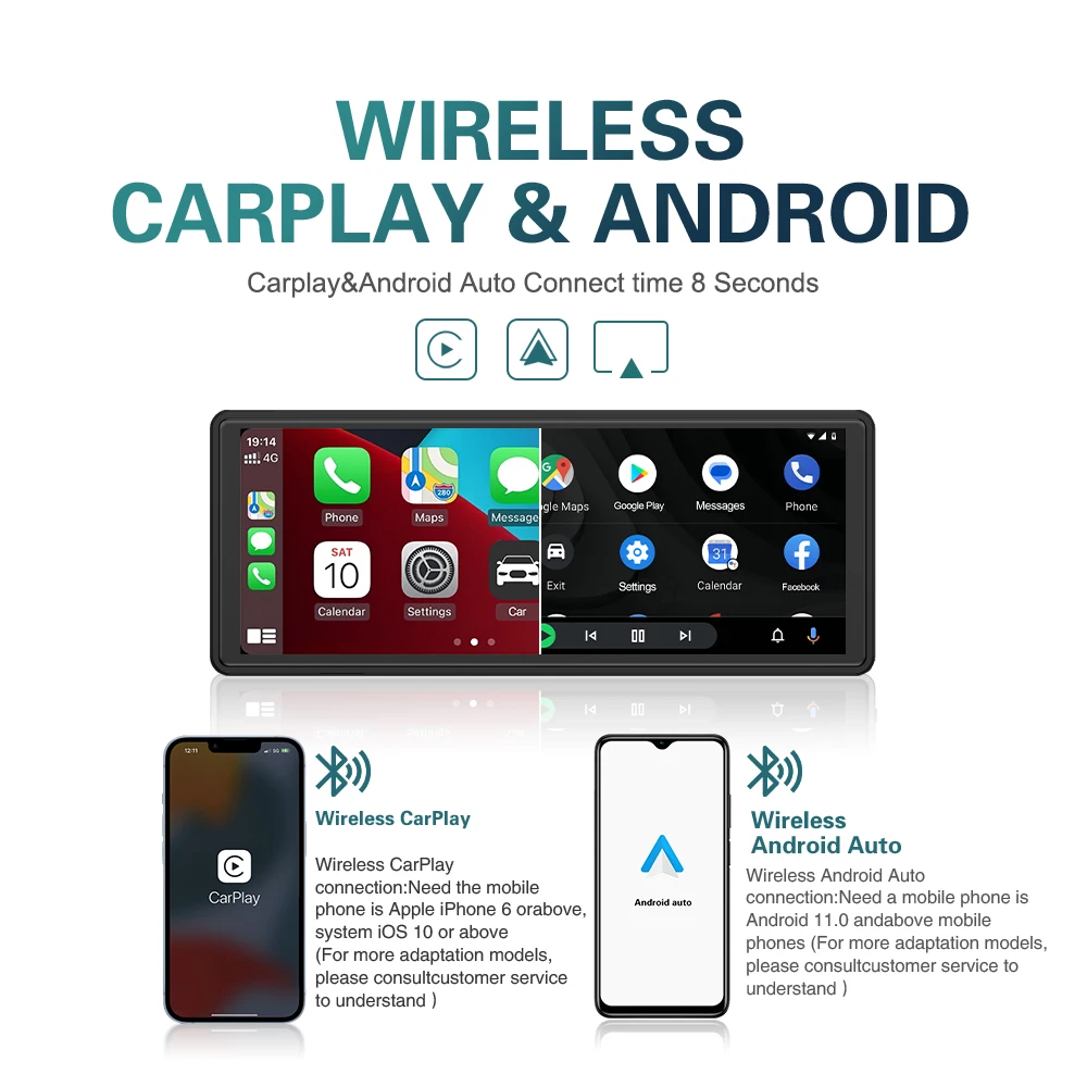Universele 10.26 "Draagbare Carplay Android Auto MP5 Auto Speler Touchscreen Draadloze Auto Stereo USB BT AUX Achteruitrijcamera autoradio