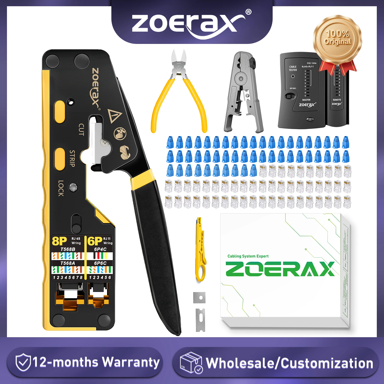 Набор сетевых инструментов ZoeRax RJ45 CAT6 CAT5E, заглушка, кабельный тестер, кусачки, лезвия, 50 шт. разъемов CAT6 CAT5 и крышки вилок