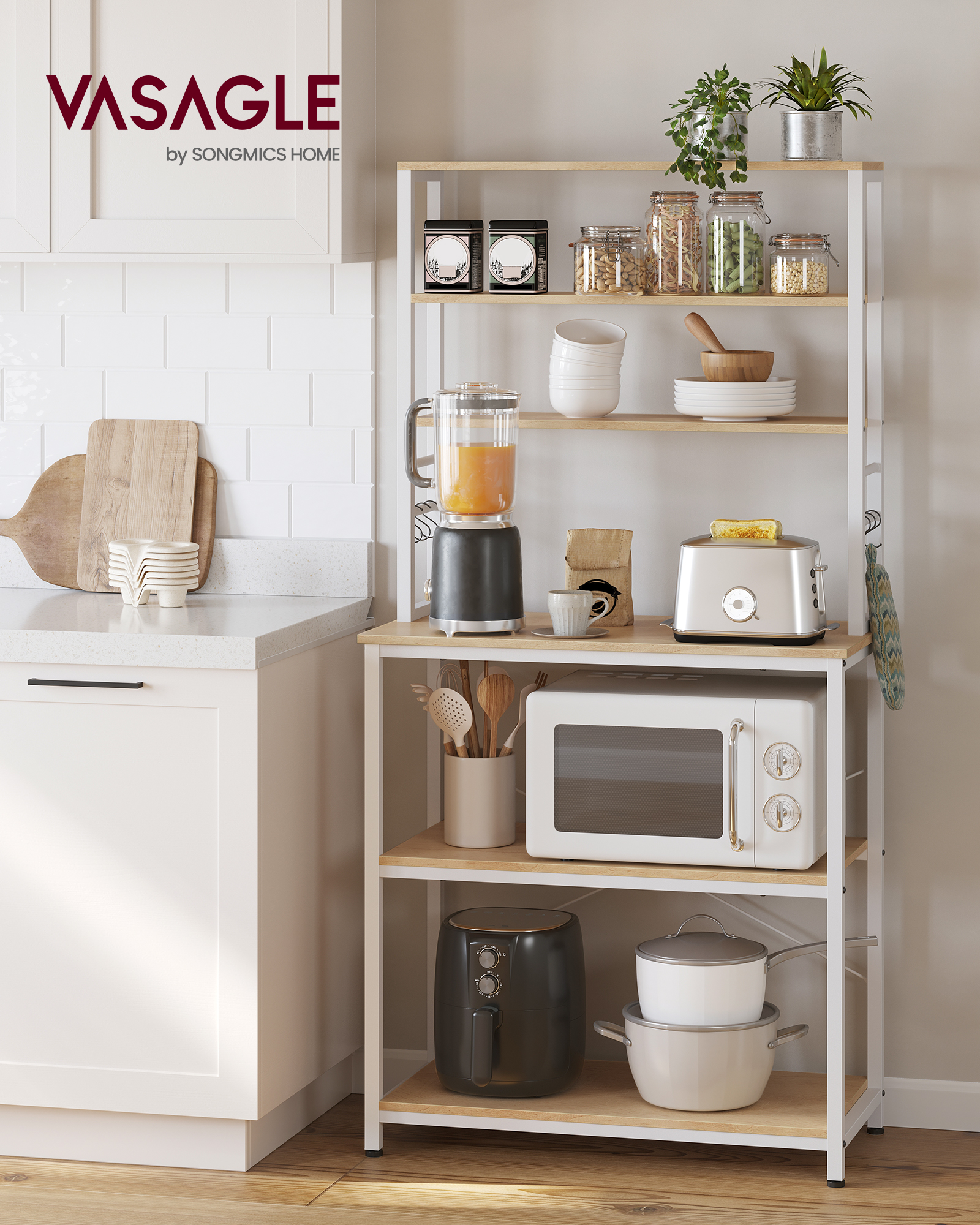 VASAGLE Baker's Rack, Microwave Oven Stand, Kitchen Tall Utility Storage Shelf, 6 Hooks And Metal Frame, Industrial