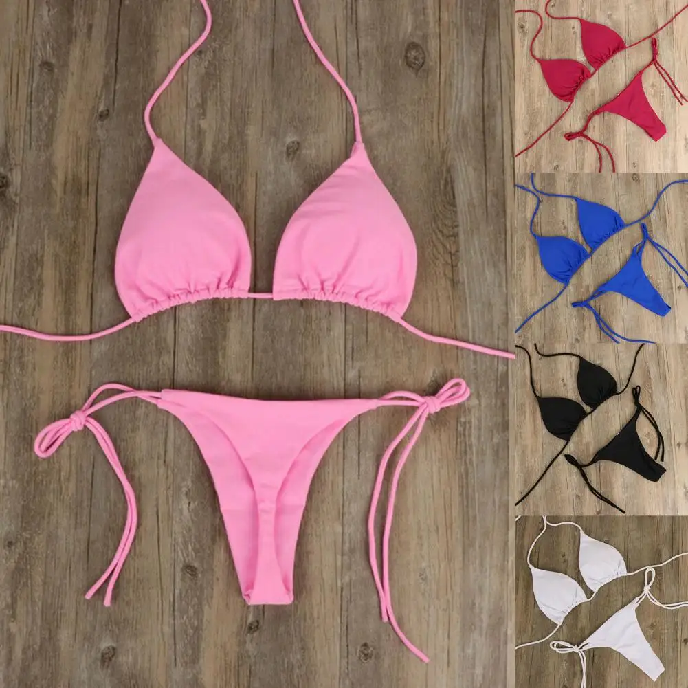 2 pièces/ensemble maillots de bain femmes Bikini ensemble 2023 couleur unie licou cou sangle string femmes maillot de bain ensemble pour la plage