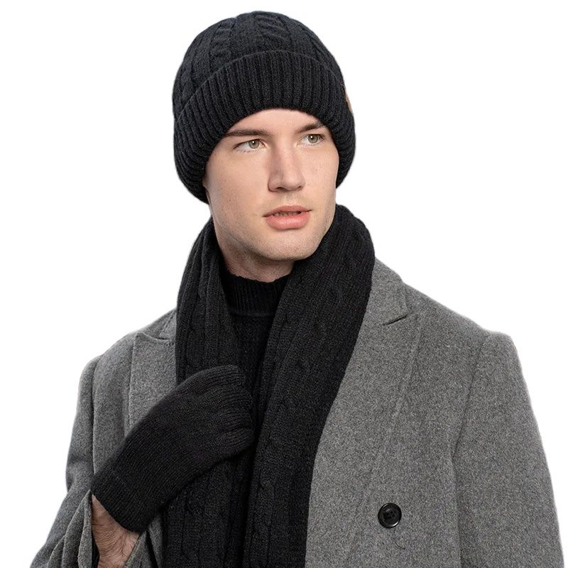 3PCS Winter New Knitted Hat Scarf and Gloves Three-piece Set  Winter Women's Cold-proof and Warm Scarf Three-piece Set for Men