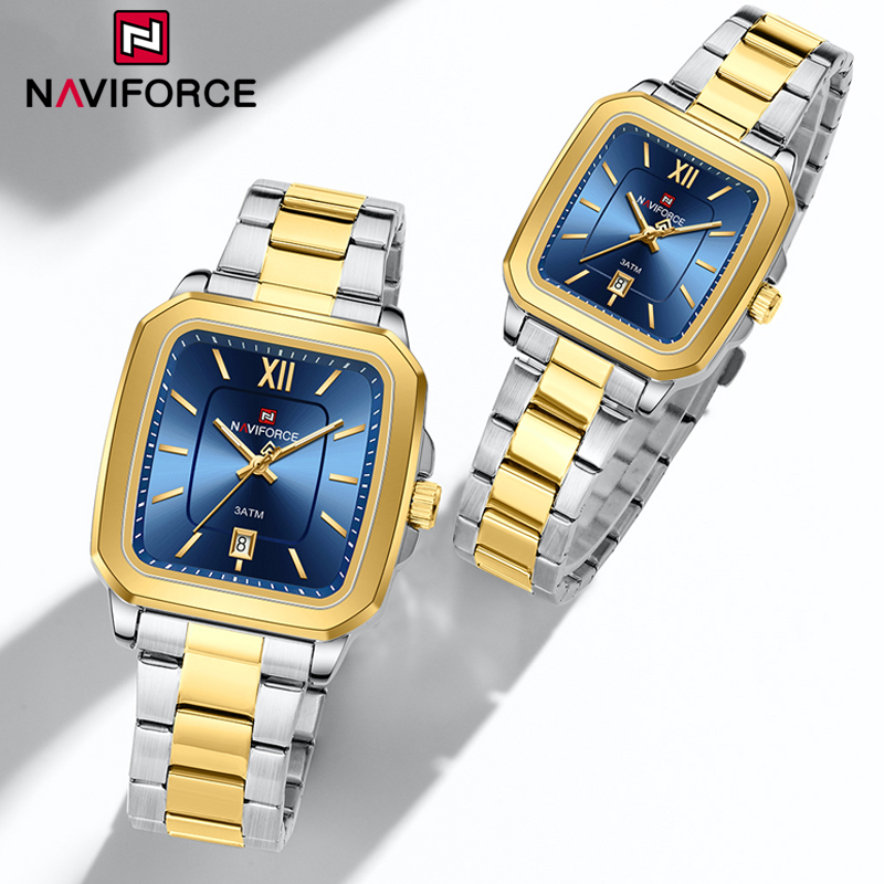 NAVIFORCE Деловые часы для влюбленных, креативный дизайн, модные 24-часовые наручные часы с окошком даты, стальной ремешок, часы унисекс для пар
