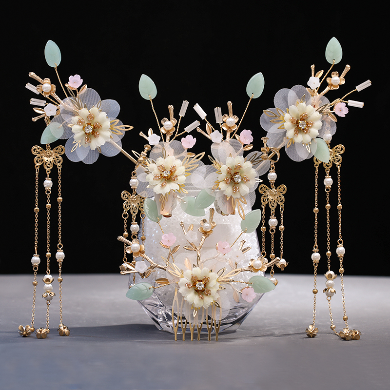 Chinês Longo Cabelo Vara Tiara Headpiece para Mulheres, Acessórios para Cabelo, Flor De Cristal, Pérola Pinos De Cabelo, Handmade Hanfu Jóias Set