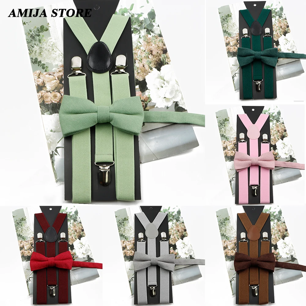 Solid Color Corduroy Bowtie With Elastic Leather Suspender Braces Set Y-back Bracket Soft Butterfly Adjustable Men's Suspension