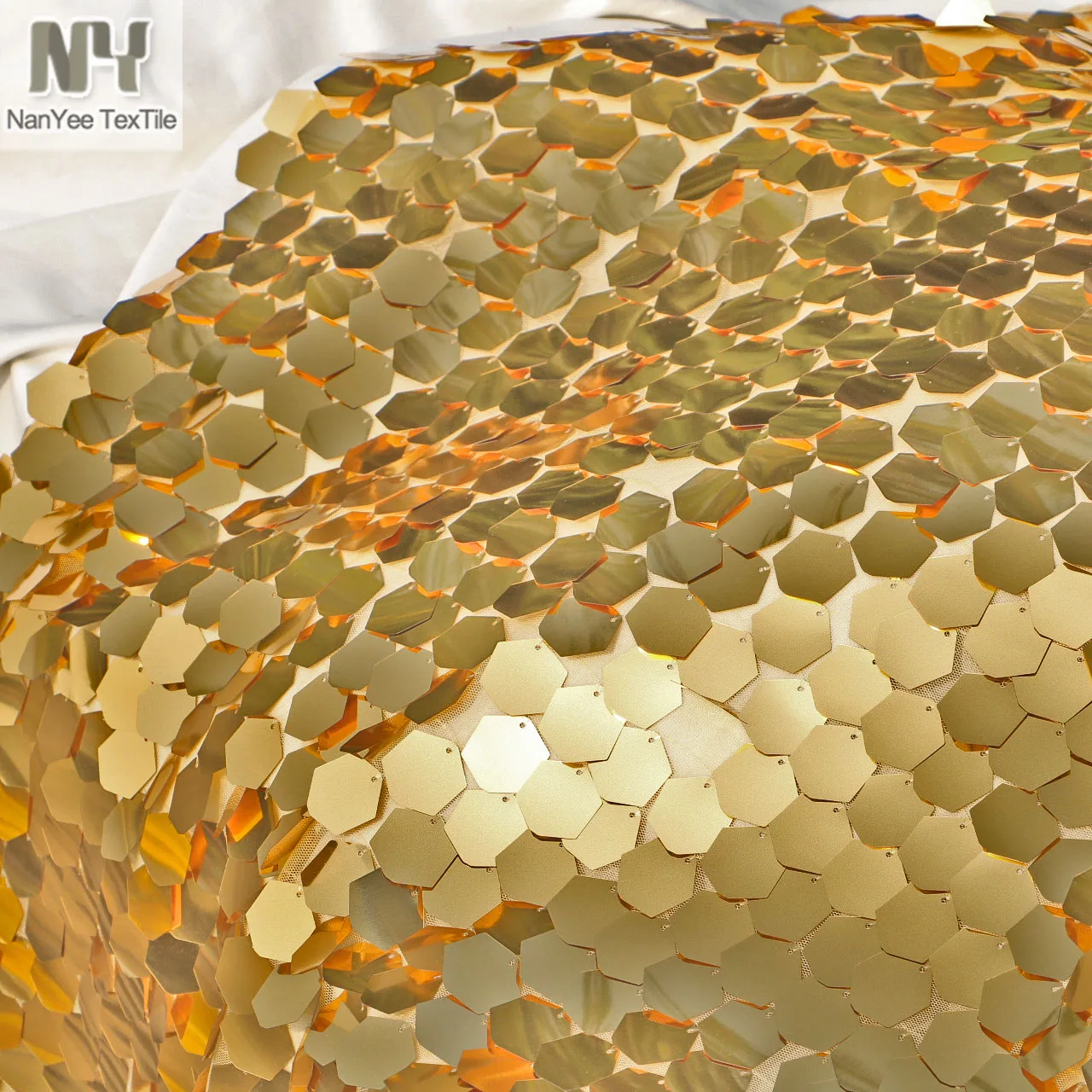 New Arrival Big Large Reflective Silver Gold Hexagon Shape Speical Embroidery Sequin Netting Fabrics Paillette On Polyester Mesh