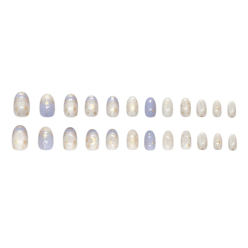 24 Uds. De uñas románticas Y2k con forma de estrella, gradiente azul, estilo francés, diseños de Luna dorada, uñas postizas de almendra dulce para mujer