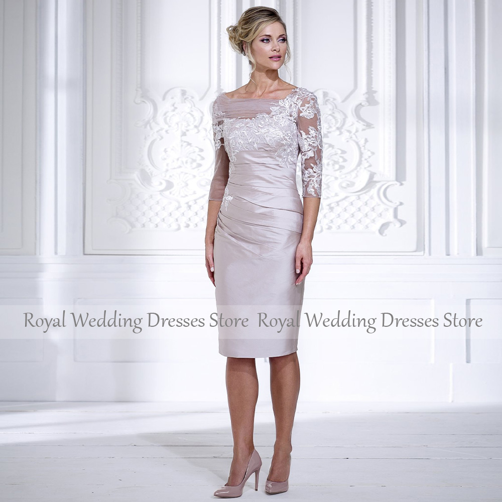 Silber Mutter der Braut Kleider Knielangen 3/4 Ärmeln Elegante Hochzeit Gast Kleider Mantel/Spalte Applique Kurze Party kleid