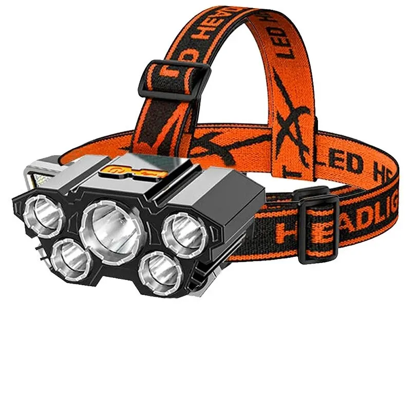 Cabeça recarregável montado lanterna, cinco cabeçadas farol, luz forte, super brilhante, longo alcance, luz de pesca, usb