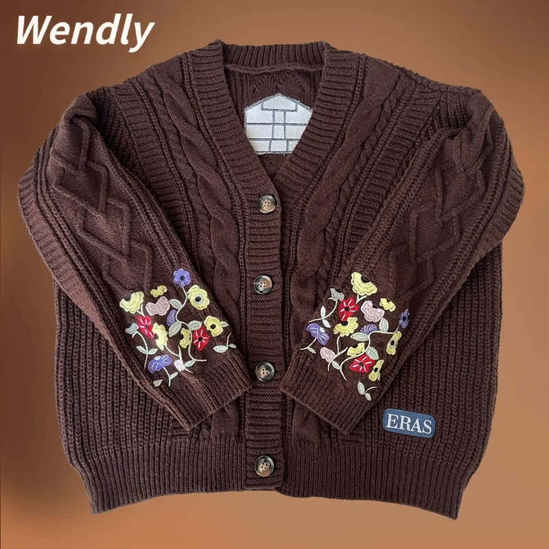 Mode Eras Übergroße Strickjacke Frauen Vintage Dark Coffee Blume Stickerei Pullover Y2k Mädchen V-ausschnitt Herbst Winter Strickjacke