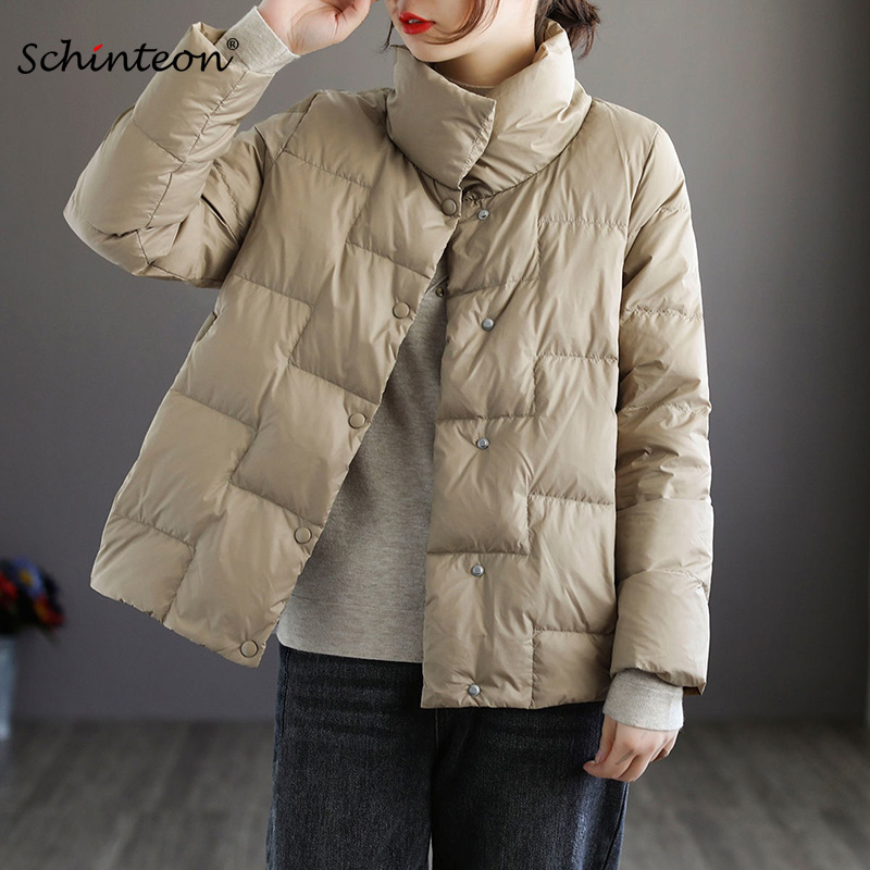 Schinteon Frauen Licht Unten Jacke Einfache Casual Einfarbig Stehkragen Kurze Outwear Herbst Mantel Weibliche Neue 2023 Mode