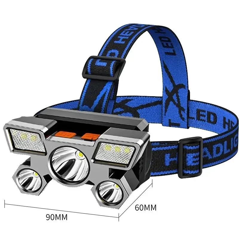 Linterna frontal recargable por USB, linterna portátil de 5LED con batería integrada, linterna frontal portátil impermeable para pesca y Camping