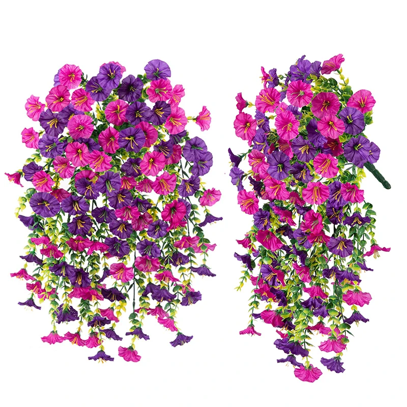 1 Uds. Flores artificiales colgantes seda Morning Glory flor falsa resistente a los rayos UV plantas colgantes al aire libre para decoración del jardín del hogar de la boda