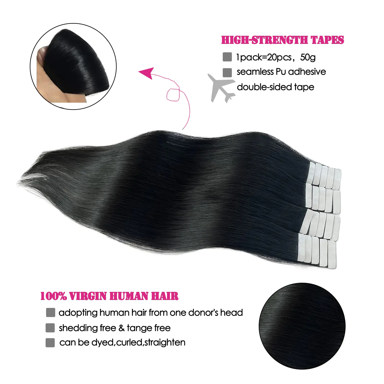 Bande dans les Extensions de cheveux Remy cheveux humains 20 pièces droite sans couture peau trame bande Extensions de cheveux naturel noir cheveux pour les femmes