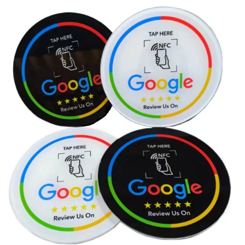 Cartão de revisão redondo programável do google 13.56mhz, cartão redondo nfc, display de revisão do google, suporte redondo da marca do cartão de remendo