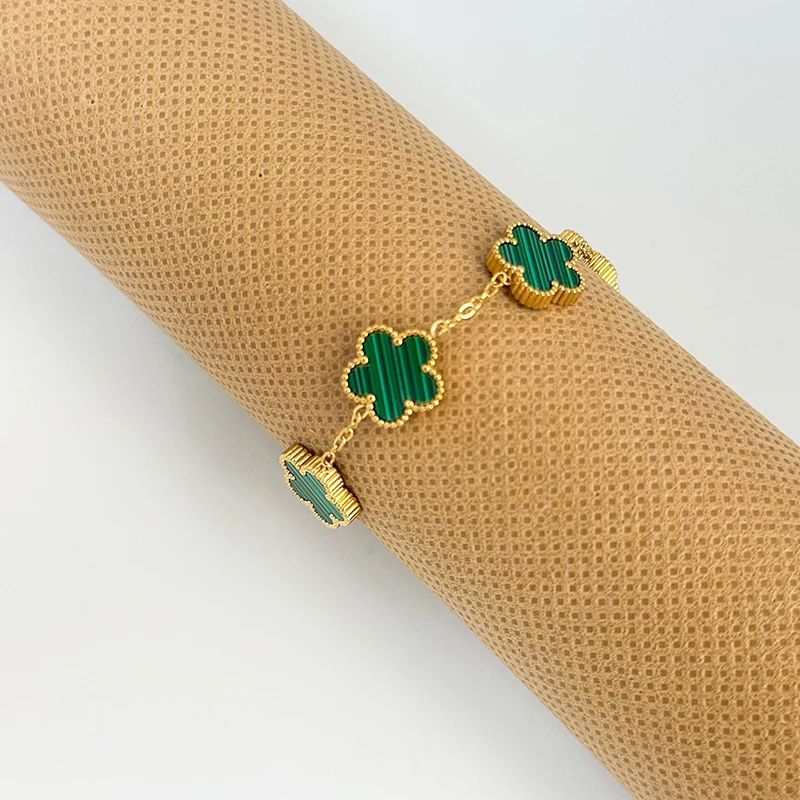 ปรับสร้อยข้อมือสแตนเลสสองด้านสร้อยข้อมือห้ากลีบดอกไม้ Gold Plated Clover ผู้หญิงแฟชั่นเครื่องประดับ