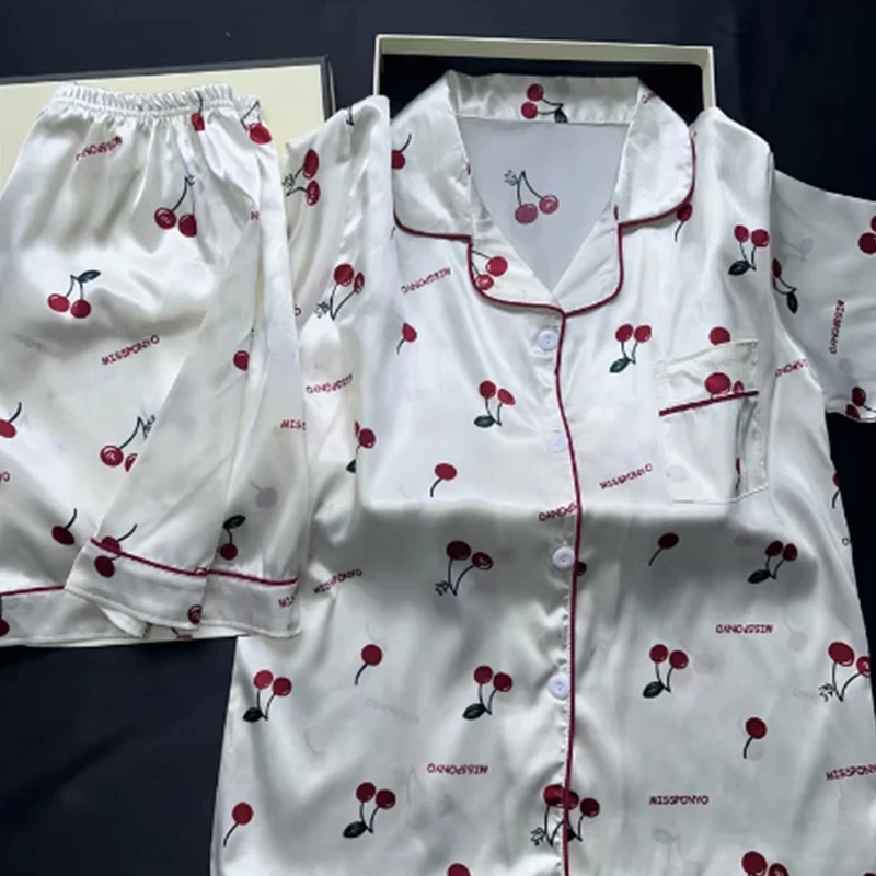 チェリープリント 2 枚パジャマセット夏フェイクステインパジャマファッションホーム服レディースカジュアルショーツとトップセットパジャマ