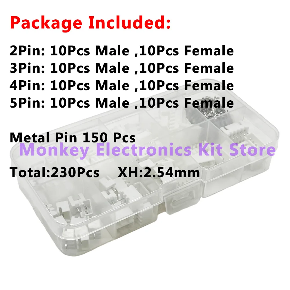 230 piezas 2/3/4/5p Kit de terminales de pines macho y hembra cabezal de carcasa PLR JST XH-2.54 adaptador de conectores de 4 valores