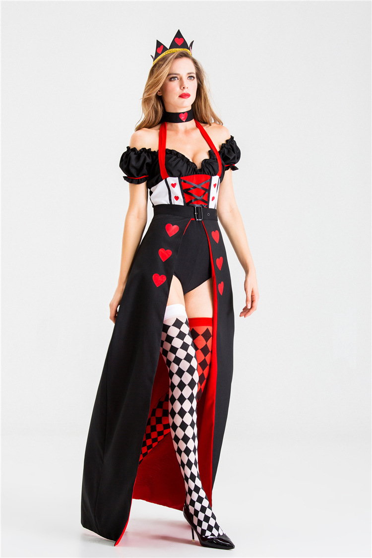 Kostum Seksi Alice In Wonderland Ratu Hati Kostum Cosplay Ratu Poker Kostum Halloween Wanita untuk Wanita dengan Stoking