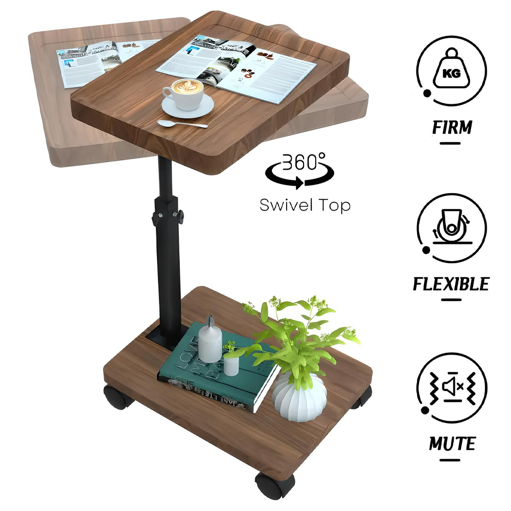 Adjustable Rolling Cart Overbed Bedside Table Laptop Desk Medical Home Bed Food Tray 360° Rotatable Sofa Tray Table Home Office