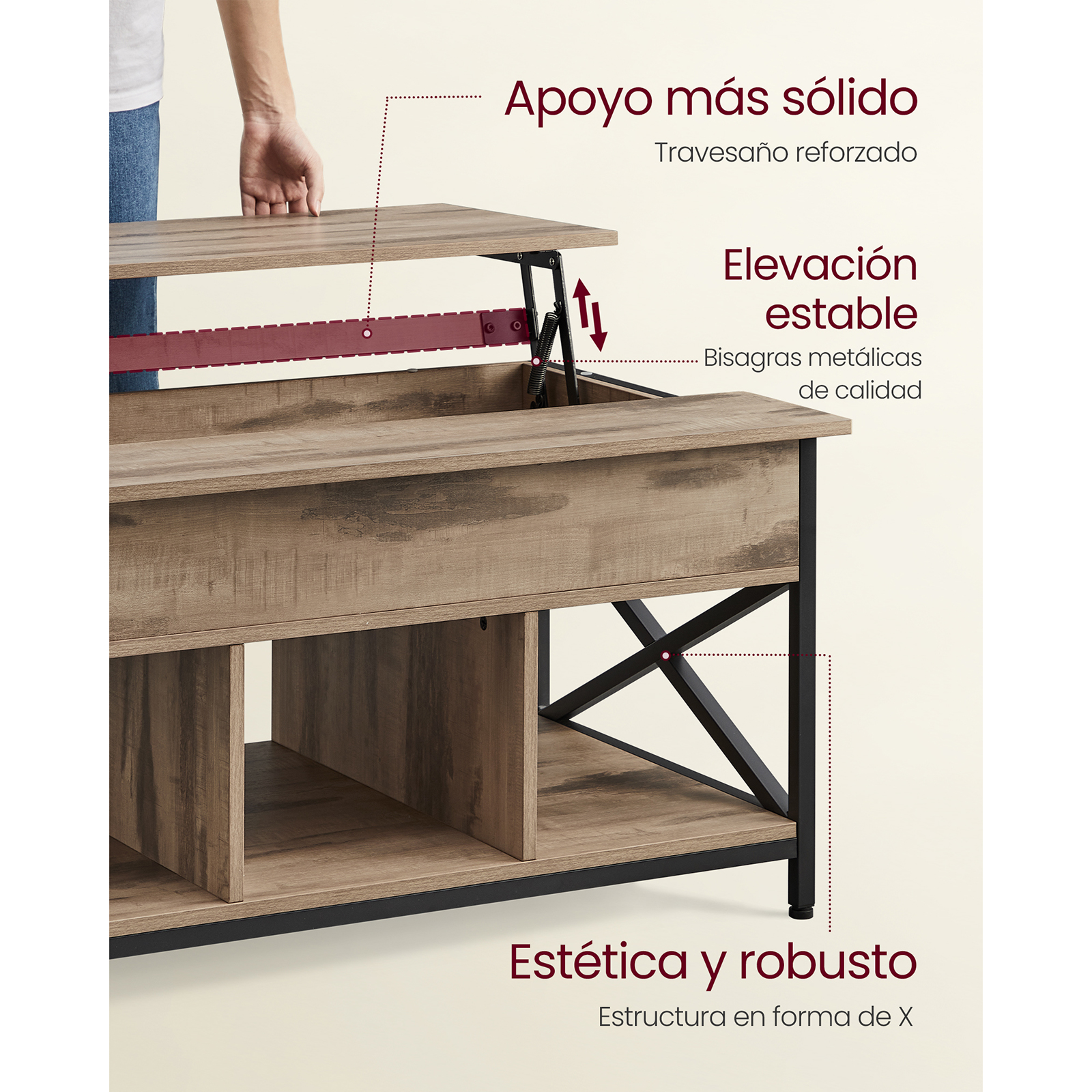 Mesa de centro VASAGLE Lift-Top: almacenamiento abierto/oculto, barras en forma de X. 60x100x(48-62) cm, Marrón rústico/negro. Ideal para sala de estar.