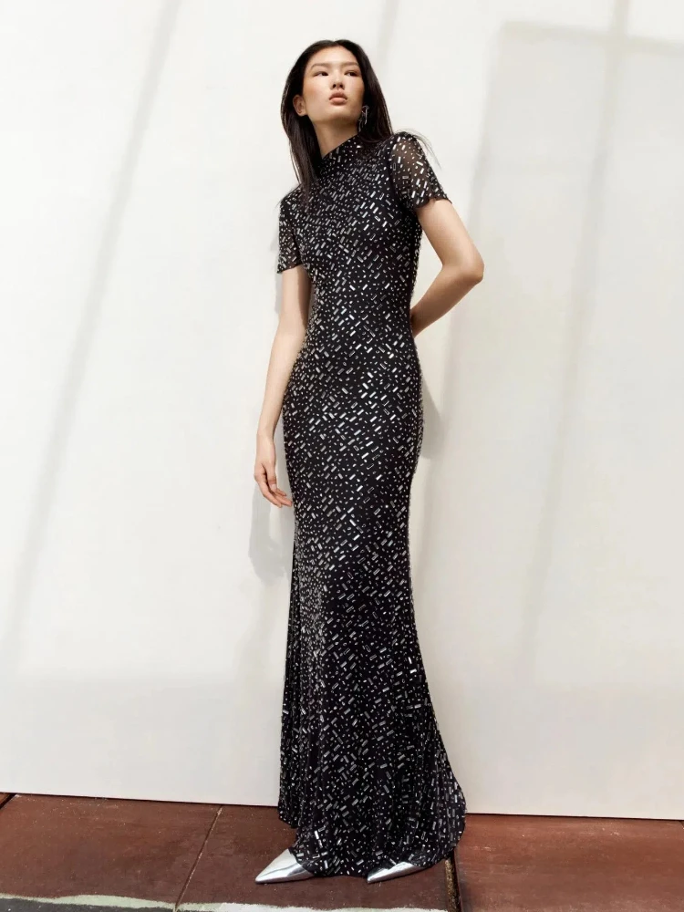 Preto manga curta brithday vestidos de festa luxo 2025 verão novo magro perfuração quente maxi vestido moda vestido de baile roupas femininas