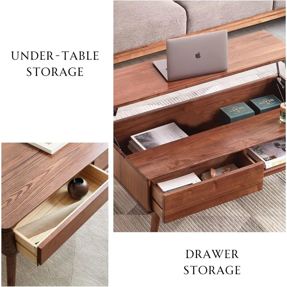 Mesa de centro elevadora de roble macizo 100%, con compartimento oculto y estante de almacenamiento, mesa de comedor y escritorio para sala de estar (47,24 pulgadas)