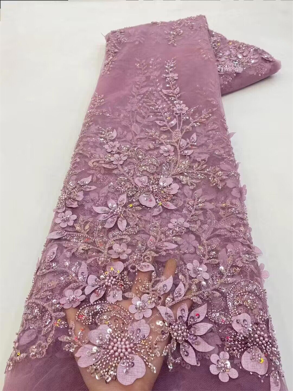Tecido de renda africano 2025 alta qualidade francês 3d flor lantejoulas bordado contas tule tecido renda para vestido festa