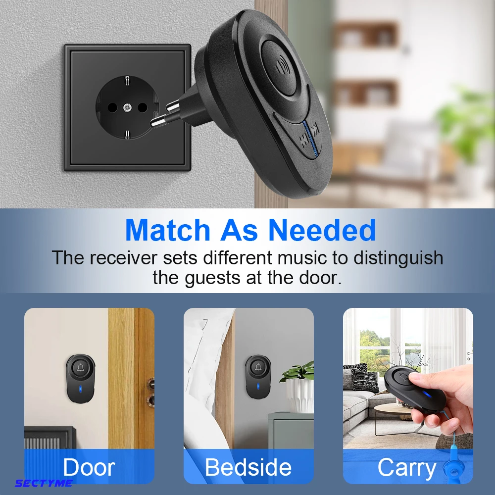 Sectyme Intellige Chuông Cửa Không Dây Ngoài Trời Chống Nước Nhà Thông Minh Chuông Cửa Phích Cắm EU 48 Hợp Âm LED Flash Nhà Báo Động An Ninh