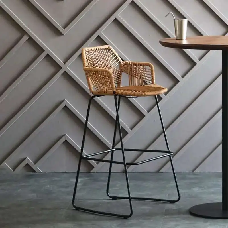 Sillas de Bar modernas de hierro forjado, taburetes altos para cocina, muebles de Bar nórdico, respaldo de ratán PP, hogar, cafetería, restaurante al aire libre, sillón