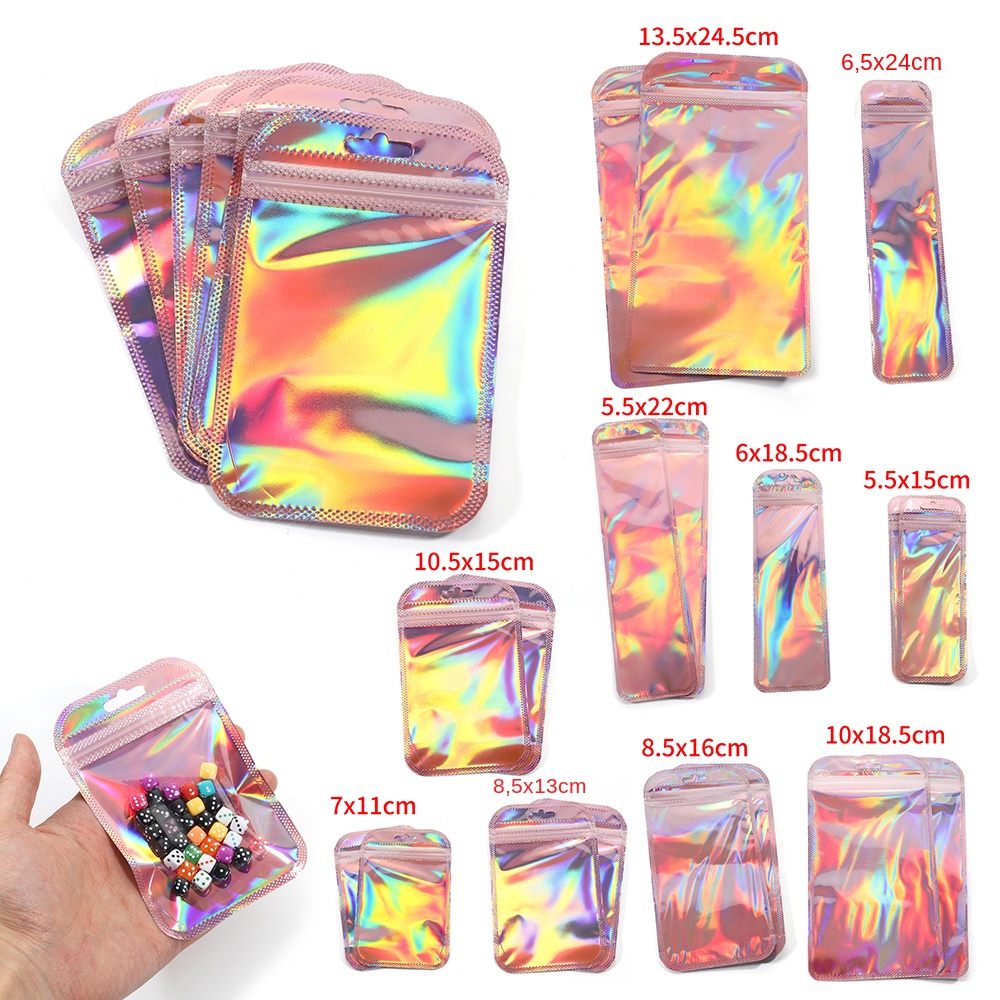 Sacs auto-scellants irisés, pochettes en plastique rose Laser, emballage refermable à fermeture éclair pour exposition de bijoux, sacs de vente au détail, 50 pièces