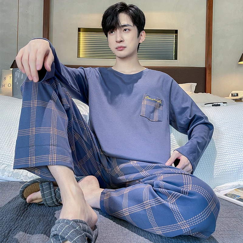 Lente Herfst Plus 4XL Gebreide heren Nachtkleding Brief Rooster Pyjama Plaid Pyjama Sets Casual Loungewear Pyjama Nacht Mode