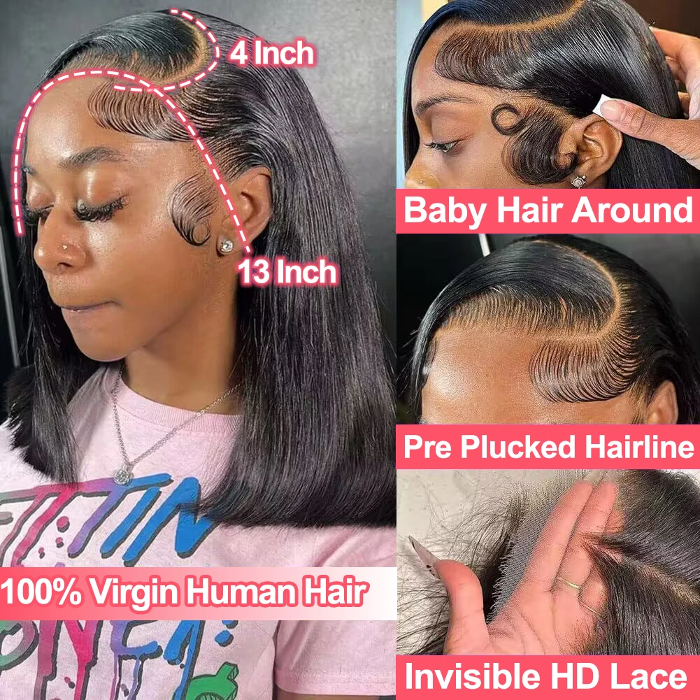Bob peruca de cabelo humano 13x4 peruca dianteira do laço 180% densidade curto em linha reta frontal bob peruca renda transparente pré arrancado com cabelo do bebê