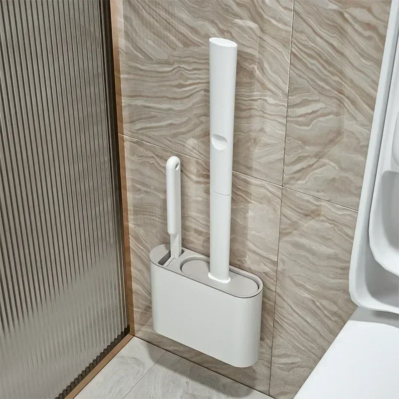 Escova de limpeza de vaso sanitário de silicone, cabeça plana, flexível, montagem na parede, limpador de vaso sanitário, conjunto de suporte de escova para banheiro